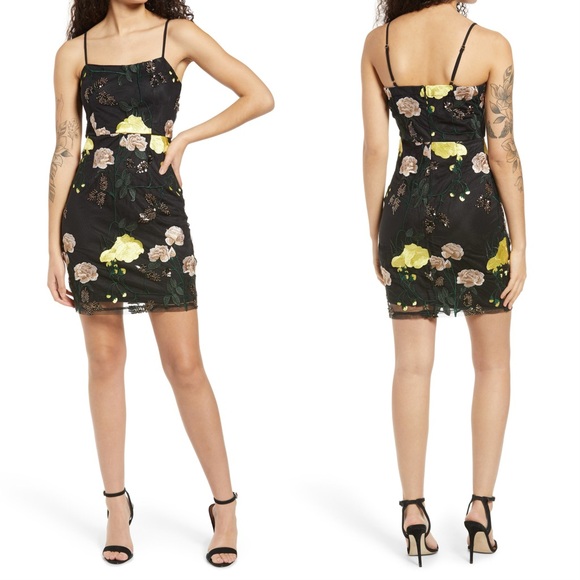 Lulus Dresses & Skirts - Lulu’s Flower Embroidered Sequin Dress Size Small Black and yellow .